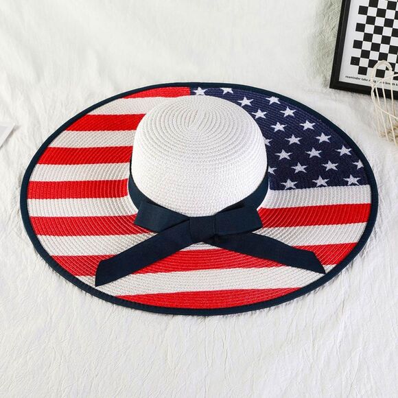 Red White Blue American Flag Bow USA Floppy Sun Hat Wide Brim Womens Patriotic